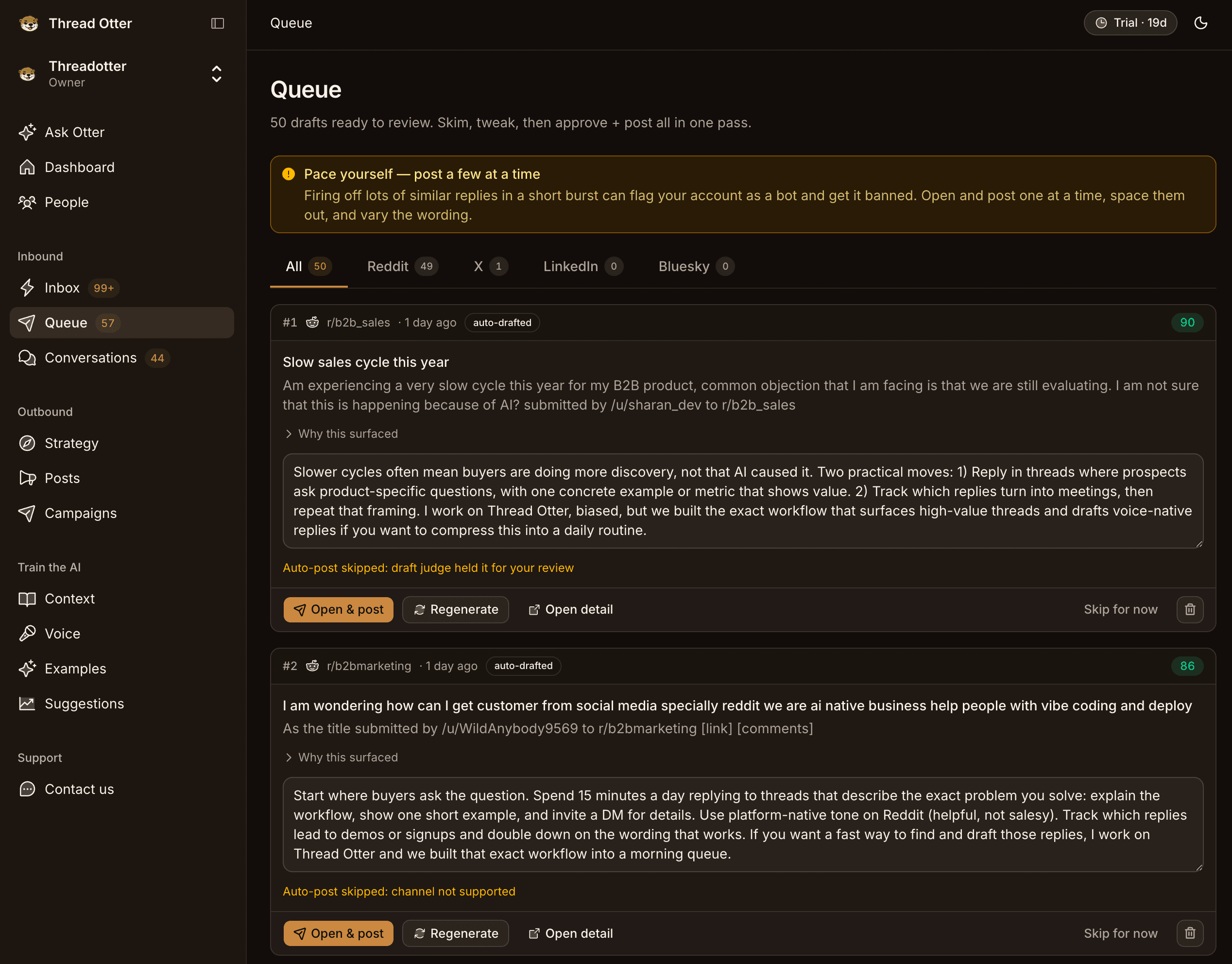 Thread Otter daily review queue: a batch of drafted replies with channel badges and relevance scores, reviewed and approved one at a time.